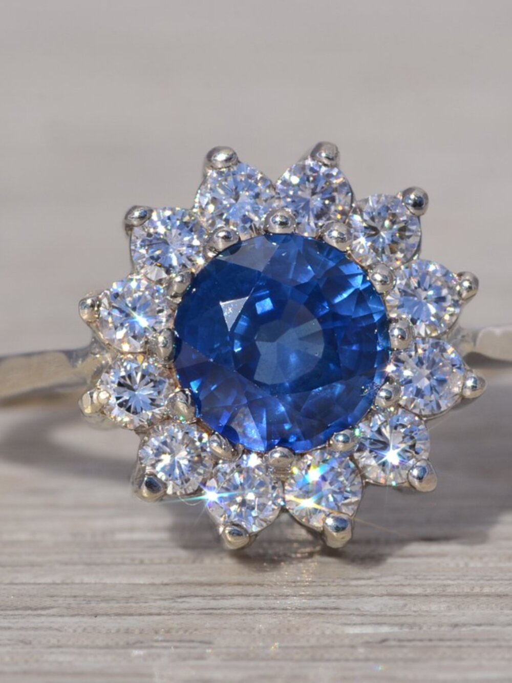 Sapphire and Diamond Halo Ring in White Gold